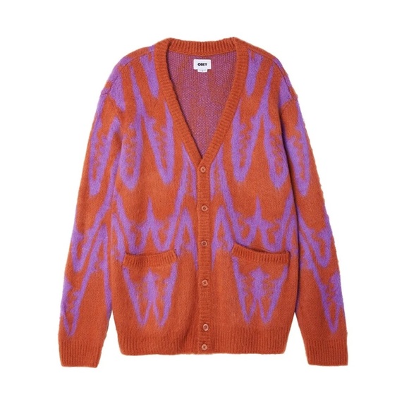 Obey Sweater Orange and Purple Copper Multi Helix Fuzzy Cardigan Size Medium - Picture 2 of 15